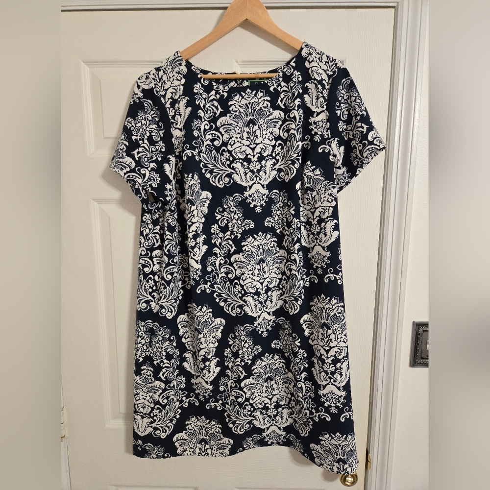 C. Wonder by Christian Siriano Women's Navy and White Damask Dress Size 1X